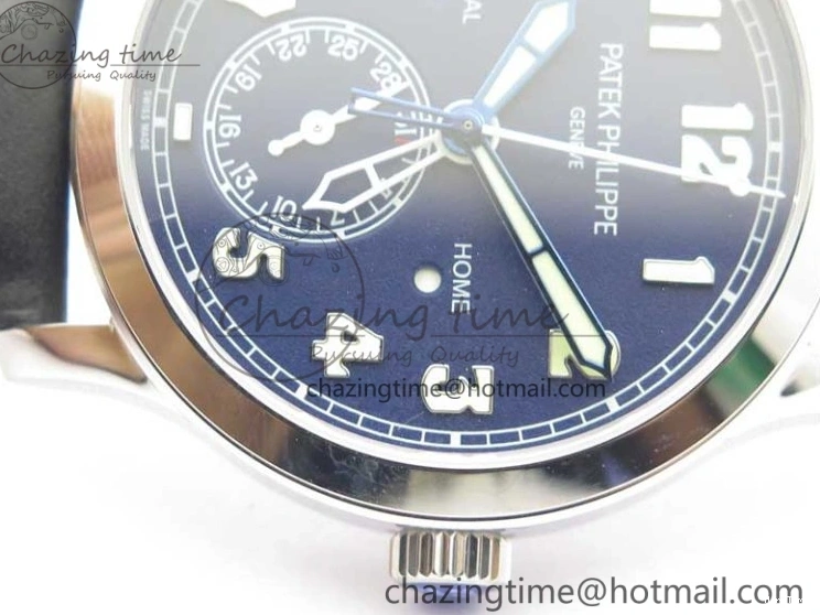 MIROTIME 0418 Practical Calatrava 5524 Pilot Travel Time SS GRF Blue Dial on Black Leather Strap A324 V 7107